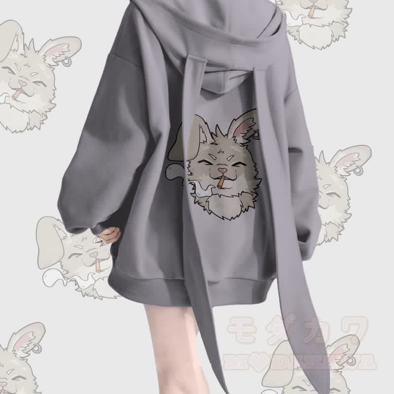 MODAKAWA ナビ スモーキンググラフィック ロング バニーイヤー ポケット ジッパー フード付き スウェットシャツ - グレー - 2XL - image 1