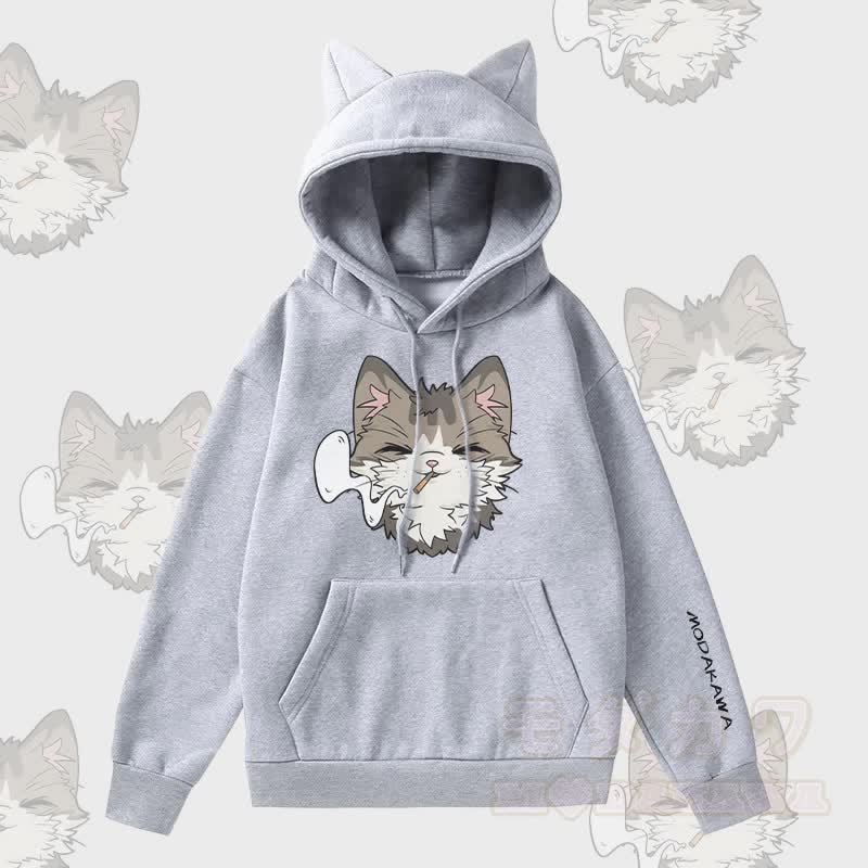 MODAKAWA スモーキングキャットグラフィック 猫耳ポケット 裏起毛パーカー - グレー - 2XL - image 2