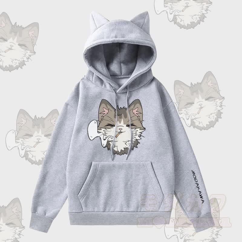 MODAKAWA スモーキングキャットグラフィック 猫耳ポケット 裏起毛パーカー - グレー - 2XL - image 2
