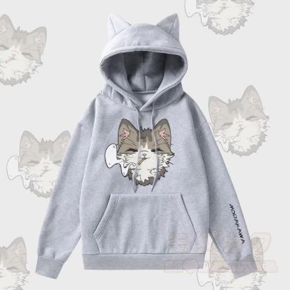 MODAKAWA スモーキングキャットグラフィック 猫耳ポケット 裏起毛パーカー - グレー - 2XL - image 2