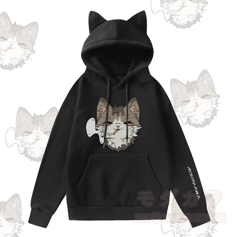MODAKAWA スモーキングキャットグラフィック 猫耳ポケット 裏起毛パーカー - 黒 - 2XL - image 1