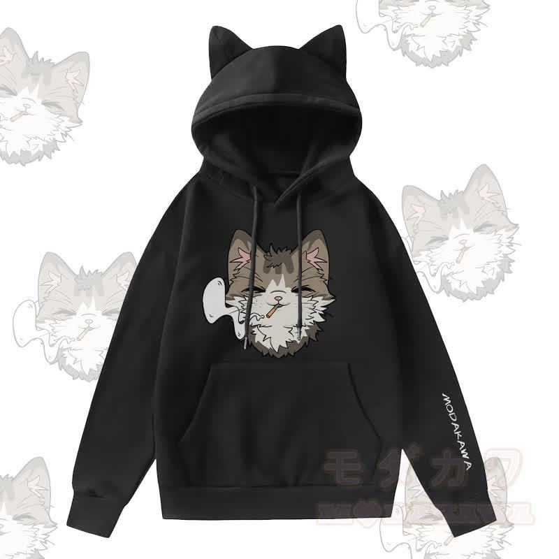 MODAKAWA スモーキングキャットグラフィック 猫耳ポケット 裏起毛パーカー - 黒 - 2XL - image 1