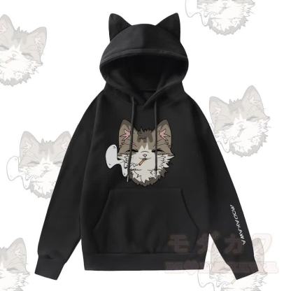 MODAKAWA スモーキングキャットグラフィック 猫耳ポケット 裏起毛パーカー - 黒 - 2XL - image 1