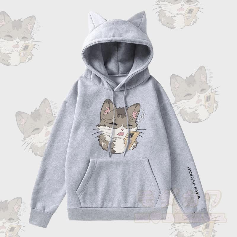 MODAKAWA 携帯電話で遊ぶ猫のグラフィック 猫耳ポケット付きフリース裏地パーカー - グレー - 2XL - image 2