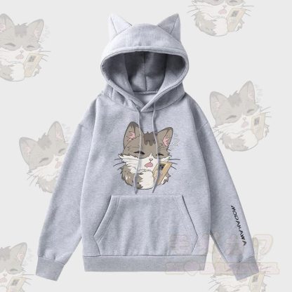 MODAKAWA 携帯電話で遊ぶ猫のグラフィック 猫耳ポケット付きフリース裏地パーカー - グレー - 2XL - image 2