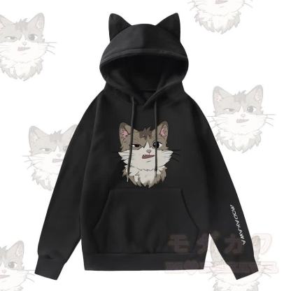MODAKAWA シリーキャット グラフィック 猫耳ポケット 裏起毛パーカー - 黒 - 2XL - image 2