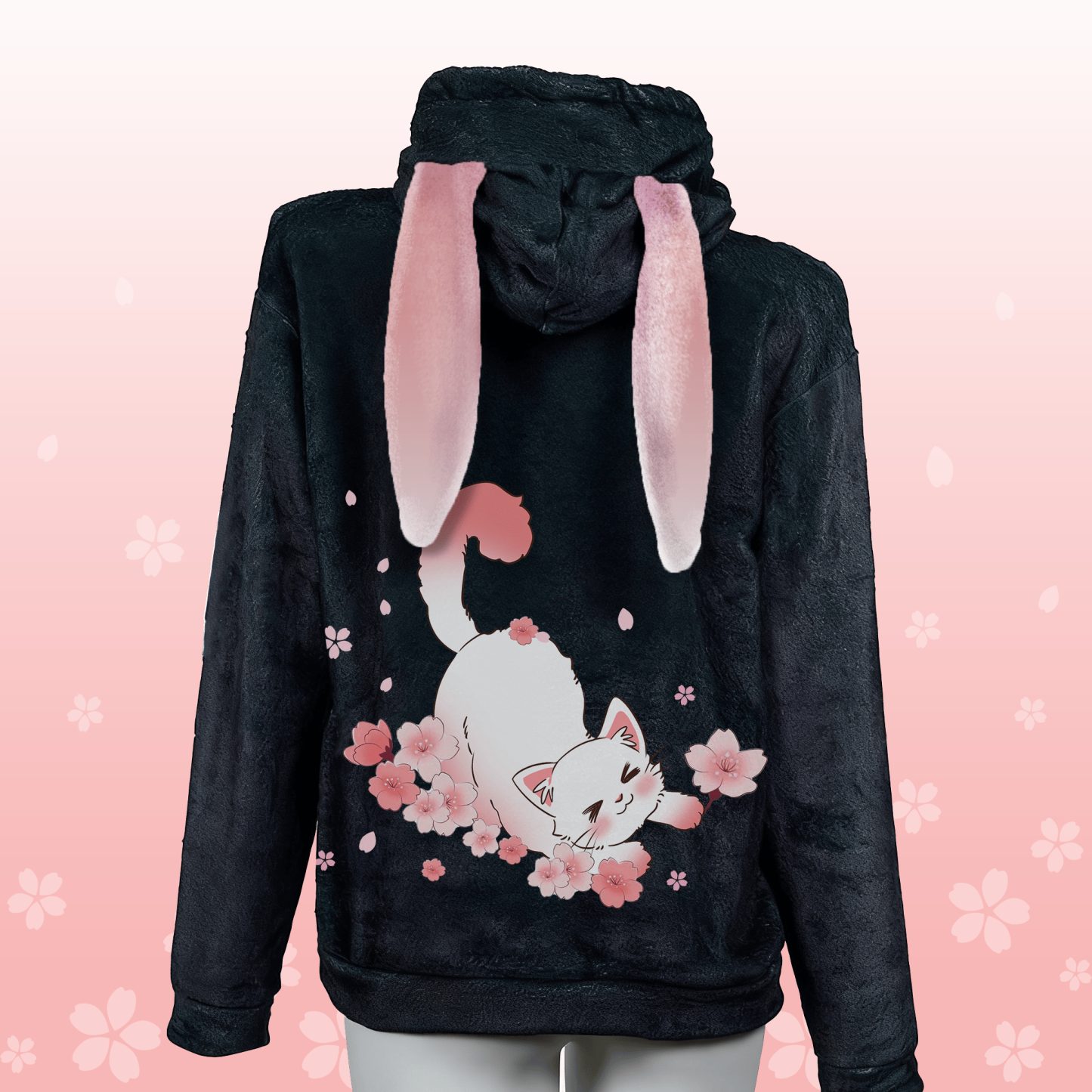 MODAKAWA MEOW 桜猫グラフィック ぬいぐるみパーカー うさぎ耳付き - Black - 4XL - image 1