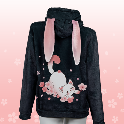 MODAKAWA MEOW 桜猫グラフィック ぬいぐるみパーカー うさぎ耳付き - Black - 4XL - image 1