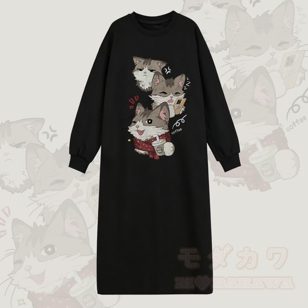 MODAKAWA 遊び心のある猫のグラフィック ロングスリーブ スウェットシャツ ドレス - 黒 - 2XL - image 1