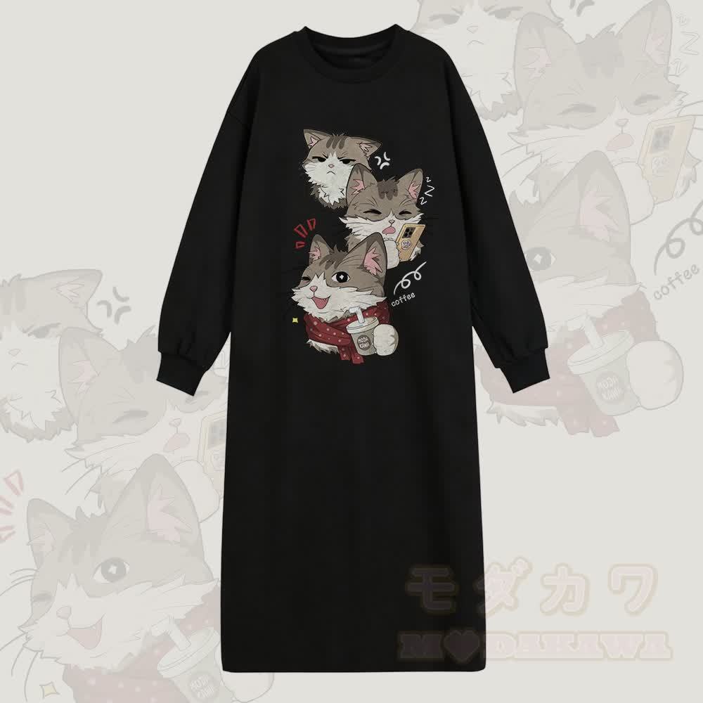 MODAKAWA 遊び心のある猫のグラフィック ロングスリーブ スウェットシャツ ドレス - 黒 - 2XL - image 1