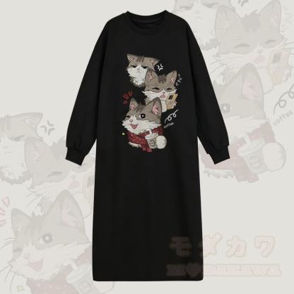 MODAKAWA 遊び心のある猫のグラフィック ロングスリーブ スウェットシャツ ドレス - 黒 - 2XL - image 1