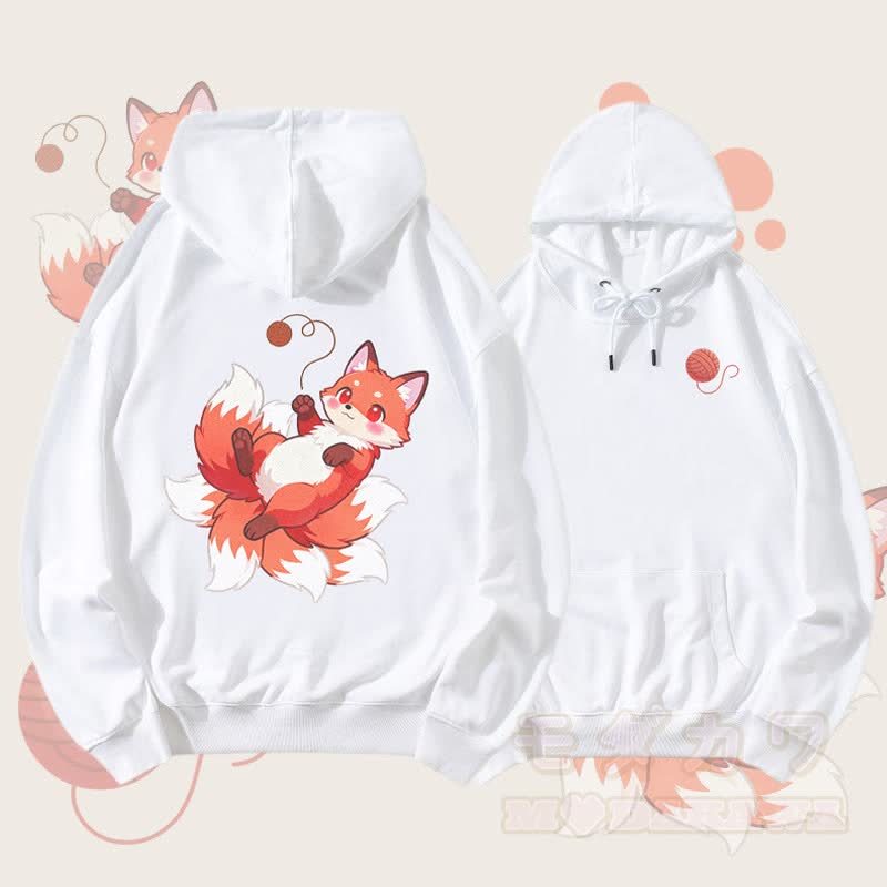 MODAKAWA 毛糸玉で遊ぶ九尾の狐 グラフィック ストリートウェア プルオーバー パーカー - 白 - 5XL - image 2