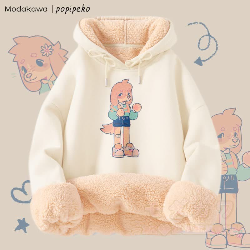 MODAKAWA X popipeko キュートな子犬のグラフィック 厚手裏起毛冬パーカー - アプリコットA - 2XL - image 2