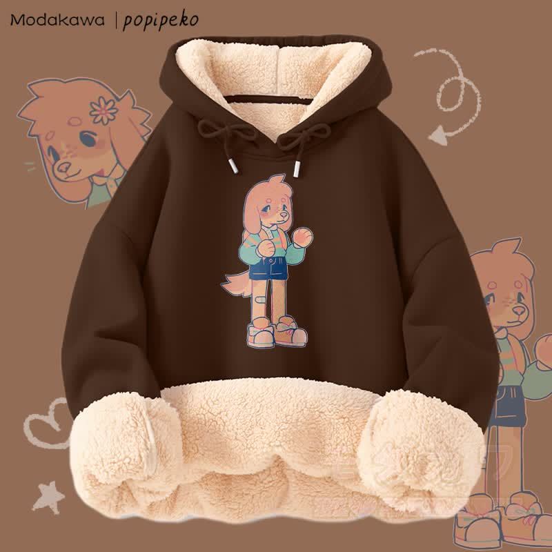 MODAKAWA X popipeko キュートな子犬のグラフィック 厚手裏起毛冬パーカー - 茶色 - 2XL - image 1