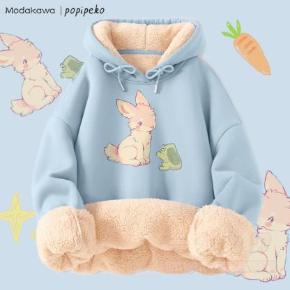 MODAKAWA X popipeko ウサギとカエルのグラフィック 厚手裏起毛冬パーカー - 青 - 2XL - image 1