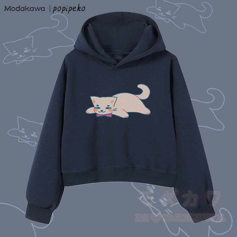 MODAKAWA X popipeko レイジーキャットグラフィック クロップド綿パーカー - 紫がかった青 - 3XL - image 1
