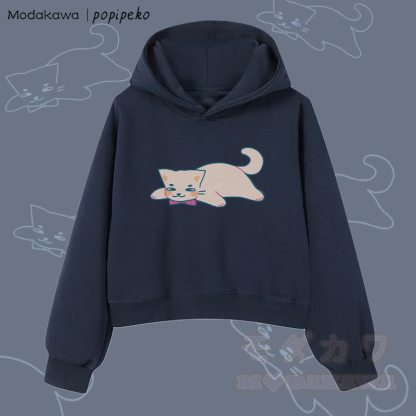 MODAKAWA X popipeko レイジーキャットグラフィック クロップド綿パーカー - 紫がかった青 - 3XL - image 1