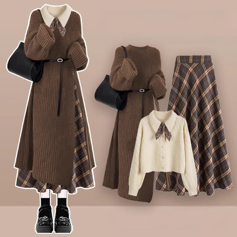 ベルト付きニットセータードレス、テクスチャードセーター、チェック柄スカートのマッチングアウトフィット - Set - XL - image 1