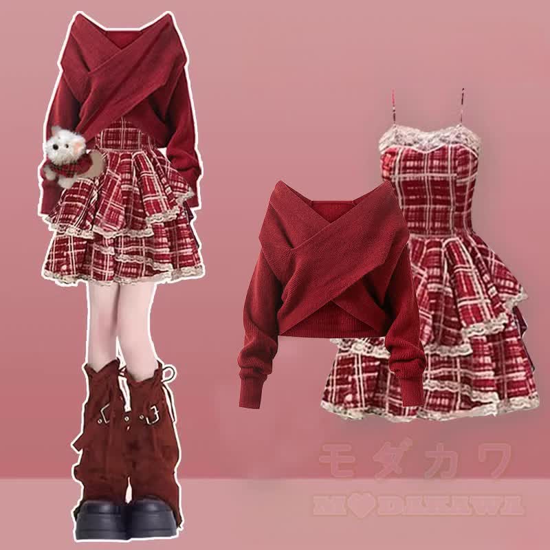 ニットセーター チェック柄 スリップドレス レッグウォーマー 3点セット - セットB - XL - image 2