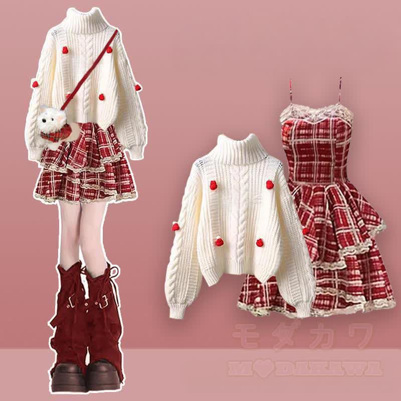 ニットセーター チェック柄 スリップドレス レッグウォーマー 3点セット - セットA - XL - image 1