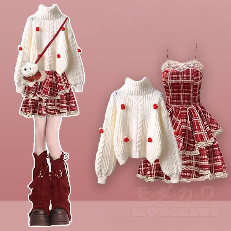 ニットセーター チェック柄 スリップドレス レッグウォーマー 3点セット - セットA - XL - image 1