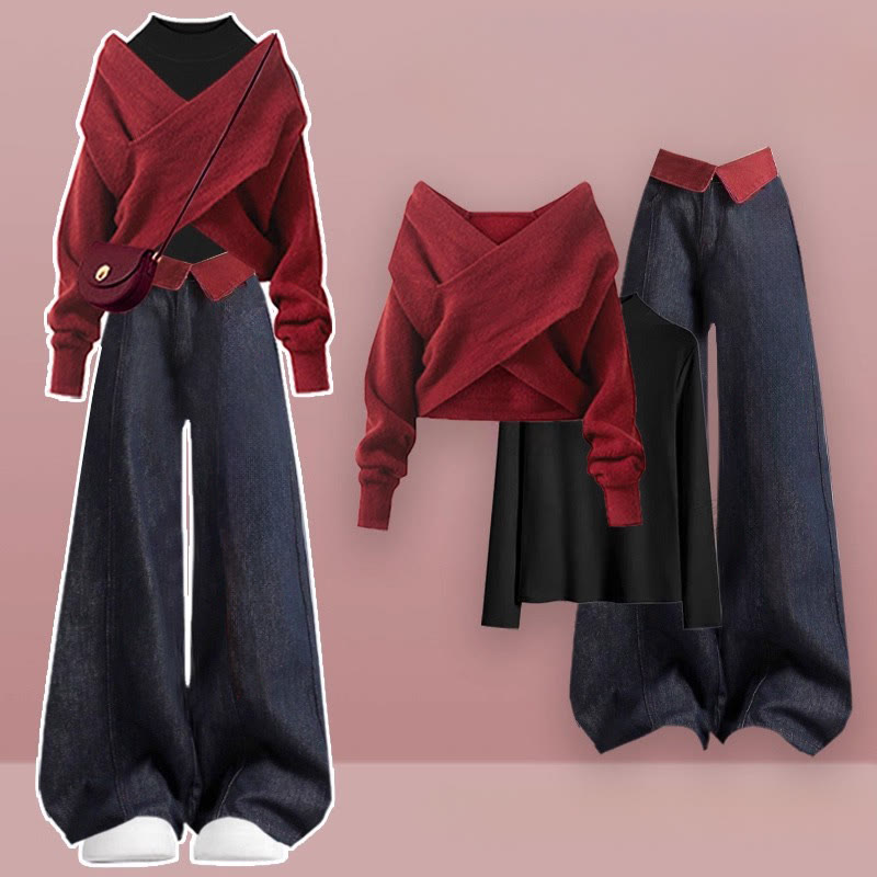 クロスニットセーター ハイネックトップス デニムパンツ マッチングアウトフィット - Set - XL - image 1