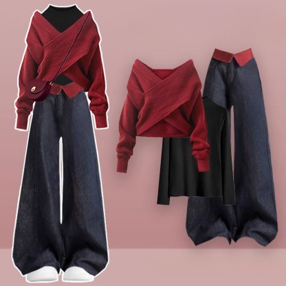 クロスニットセーター ハイネックトップス デニムパンツ マッチングアウトフィット - Set - XL - image 1