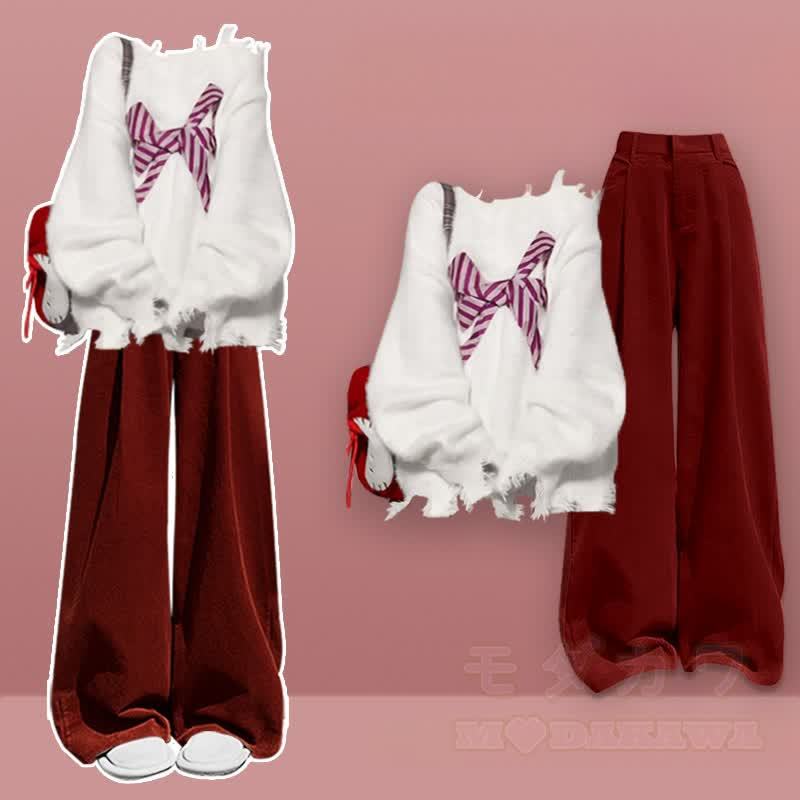 カラーブロックニットセーター ワイドレッグパンツ 2ピースセット - セットC - XL - image 3