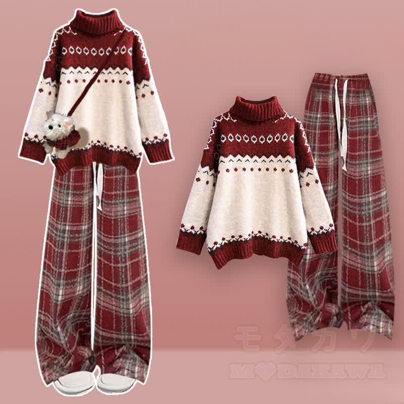 カラーブロックニットセーター ワイドレッグパンツ 2ピースセット - セットB - XL - image 2