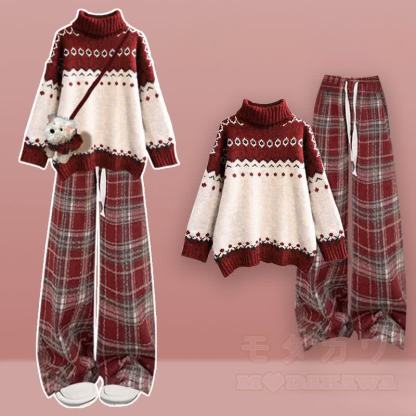 カラーブロックニットセーター ワイドレッグパンツ 2ピースセット - セットB - XL - image 2