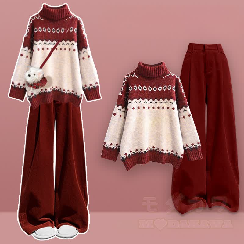 カラーブロックニットセーター ワイドレッグパンツ 2ピースセット - セットA - XL - image 1