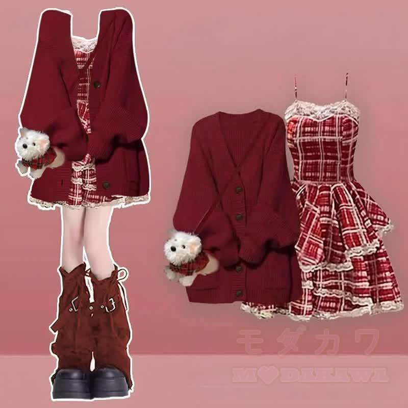 ニットセーター チェック柄 スリップドレス レッグウォーマー 3点セット - セットD - XL - image 4