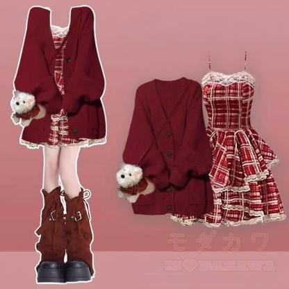 ニットセーター チェック柄 スリップドレス レッグウォーマー 3点セット - セットD - XL - image 4