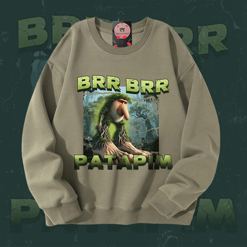 MODAKAWA BRR BRR PATAPIM フォレストモンスターグラフィック ユニセックス スウェットシャツ - Light Khaki - 5XL - image 1