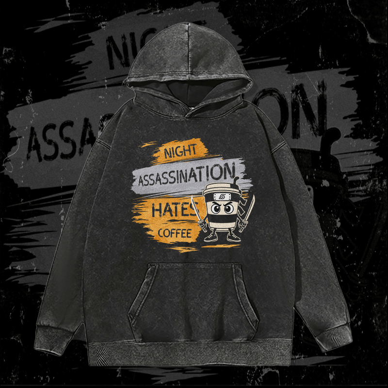 MODAKAWA コーヒー忍者グラフィック ユニセックス ヴィンテージウォッシュドパーカー - Black - 2XL - image 1