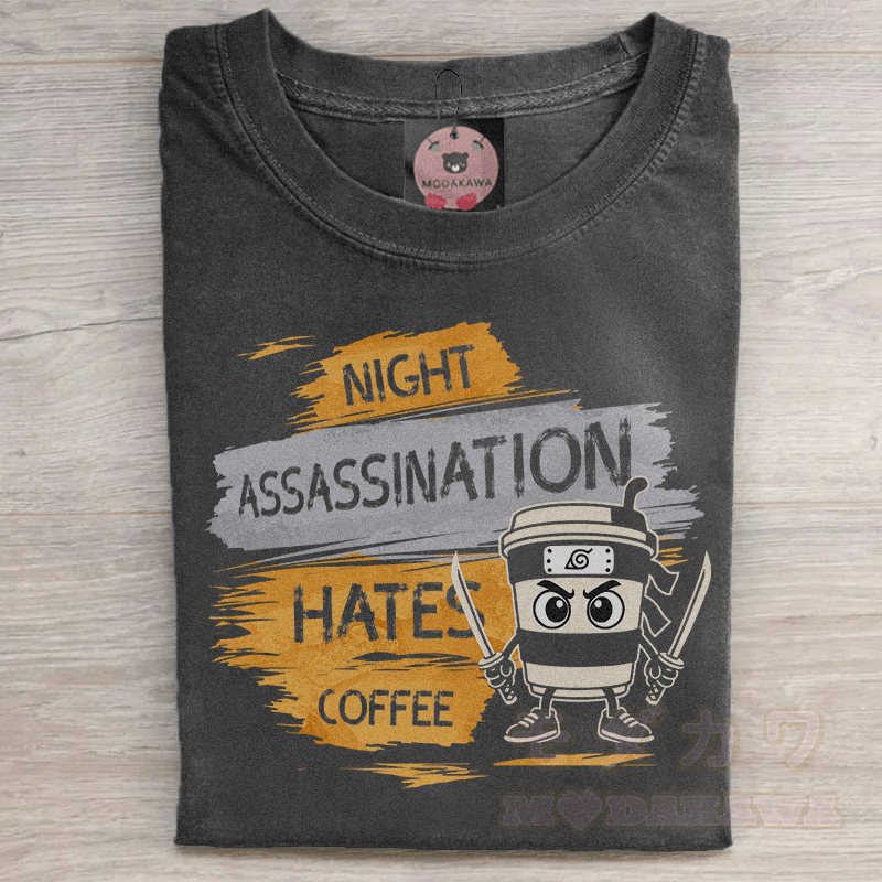 MODAKAWA コーヒー忍者グラフィック ユニセックス ヴィンテージウォッシュTシャツ - 黒 - 5XL - image 1