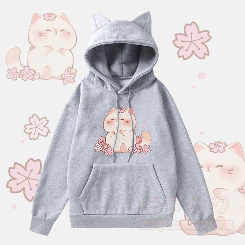 MODAKAWA 桜キティ グラフィック 猫耳 ポケット 裏起毛 パーカー - グレー - 2XL - image 2