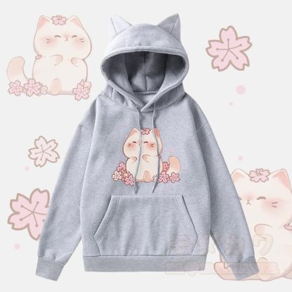MODAKAWA 桜キティ グラフィック 猫耳 ポケット 裏起毛 パーカー - グレー - 2XL - image 2