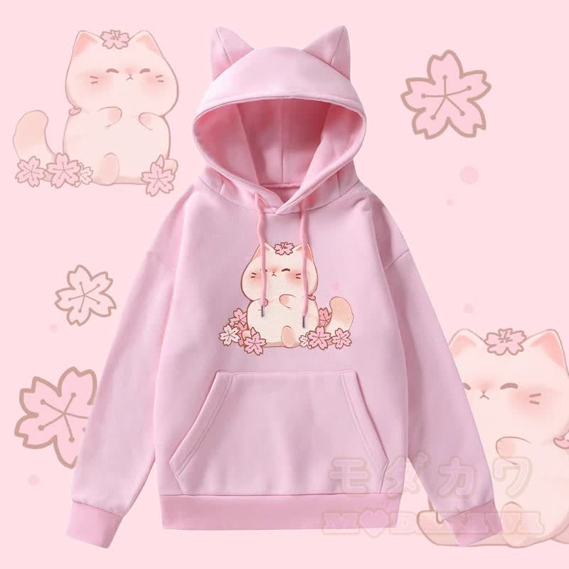 MODAKAWA 桜キティ グラフィック 猫耳 ポケット 裏起毛 パーカー - ピンク - 2XL - image 1