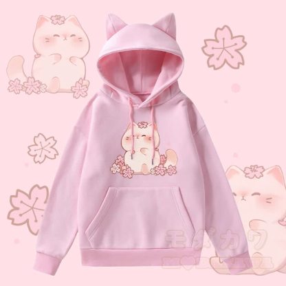 MODAKAWA 桜キティ グラフィック 猫耳 ポケット 裏起毛 パーカー - ピンク - 2XL - image 1