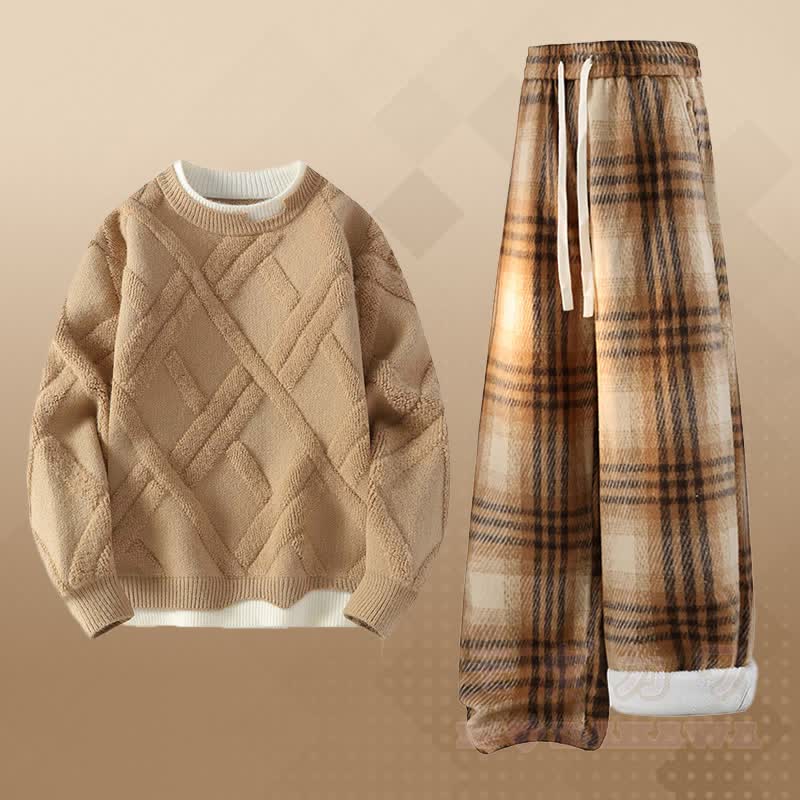 フェイクレイヤードニットセーター チェック柄フリース裏地パンツ ツーピース - セットB - 2XL - image 2