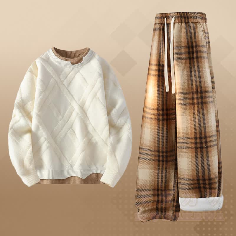 フェイクレイヤードニットセーター チェック柄フリース裏地パンツ ツーピース - セットA - 2XL - image 1