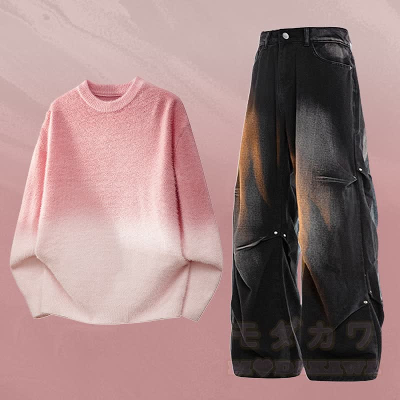 グラデーションニットセーター デニムパンツ ツーピース - セットB - 3XL - image 2
