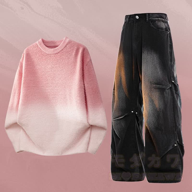 グラデーションニットセーター デニムパンツ ツーピース - セットB - 3XL - image 2