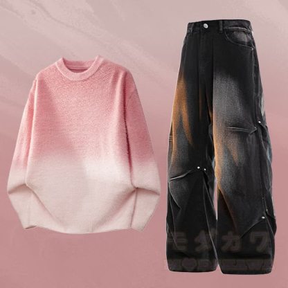 グラデーションニットセーター デニムパンツ ツーピース - セットB - 3XL - image 2