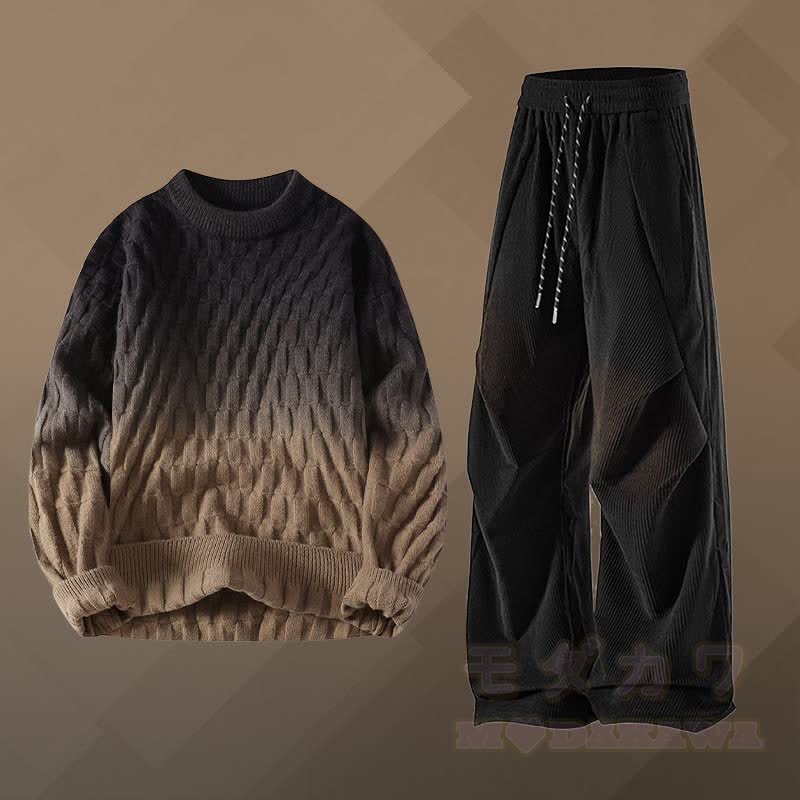 グラデーションニットテクスチャードセーターコーデュロイパンツツーピース - セットB - 3XL - image 2