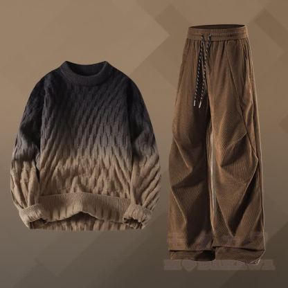 グラデーションニットテクスチャードセーターコーデュロイパンツツーピース - セットA - 3XL - image 1
