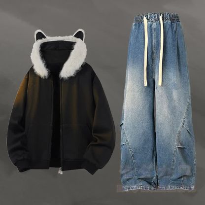 アニマルイヤーフリース裏地ジップアップパーカーデニムパンツツーピース - セットB - 2XL - image 2