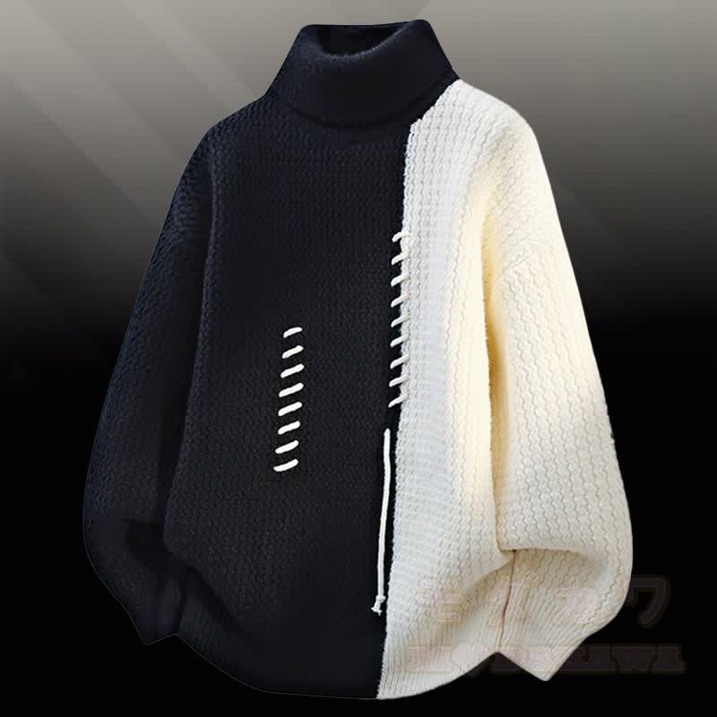 タートルネックカラーブロック フリース裏地 セーター デニムパンツ ツーピース - 黒のセーター - 3XL - image 8