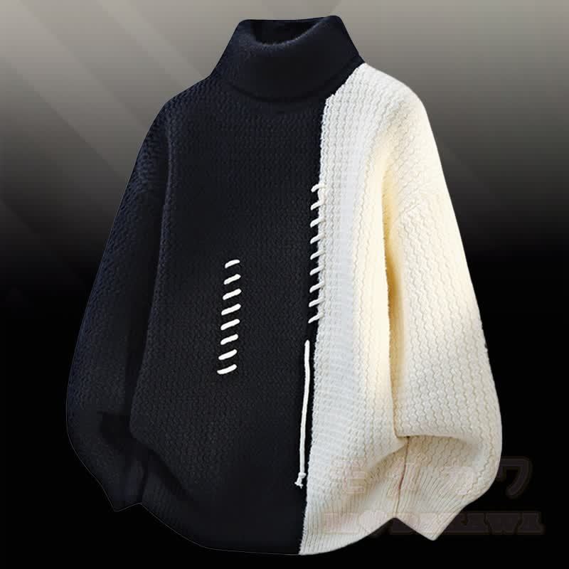 タートルネックカラーブロック フリース裏地 セーター デニムパンツ ツーピース - 黒のセーター - 3XL - image 8